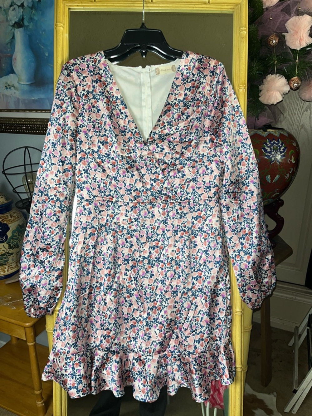 Altar'd State Pink Floral V-Neck Long Sleeve Mini Dress